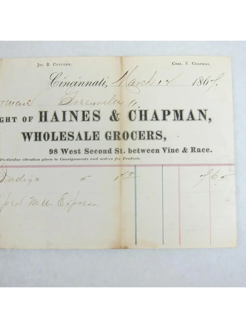Antique 1867 Haines & Chapman Wholesale Grocer Cincinnati Ohio Receipt Invoice